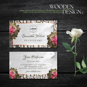 White Wood Grain Roze Roses Natural Tree Bark Logo Visitekaartje