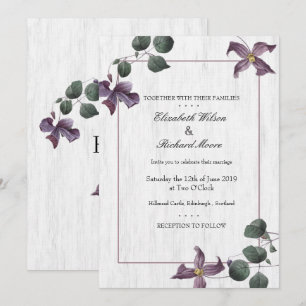 White Wood Purple Flowers Wedding Invite Kaart