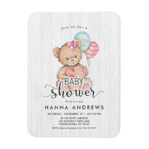 White Wood Teddy Bear Girl Baby shower Invitation Magneet