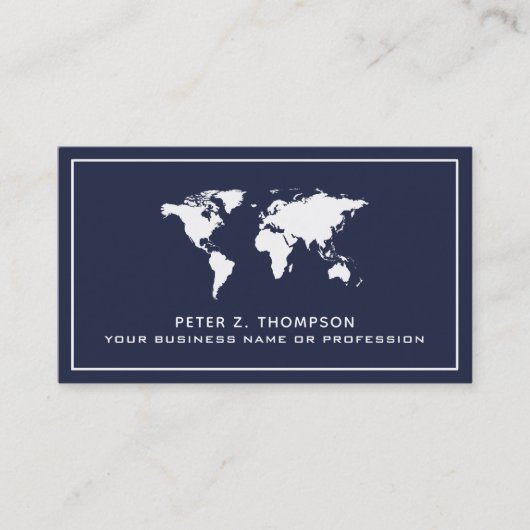 White WorldMap op donkerblauw internationaal Visitekaartje (Voorkant)