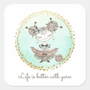 White Yarn Lover Girl Vierkante Sticker