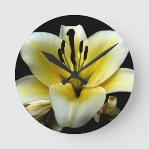 White Yellow Blossom op Black Background Floral Ronde Klok
