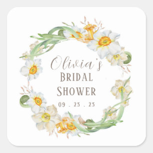 White & Yellow Daffodil Bridal Wedding Shower Squ Vierkante Sticker