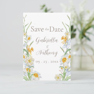 White & Yellow Daffodil Floral Brown Script Save The Date