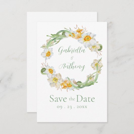 White & Yellow Daffodil Floral Green Script Save The Date (Voorkant / Achterkant)