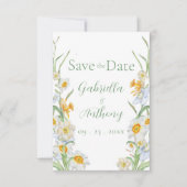White & Yellow Daffodil Floral Green Script Save The Date (Voorkant)