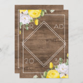 White Yellow Roses Floral Boho Rustic Afstuderen Aankondiging (Voorkant / Achterkant)