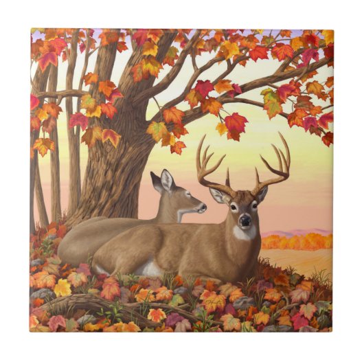 Whitetail Deer Autumn Maple Tree Tegeltje (Voorkant)