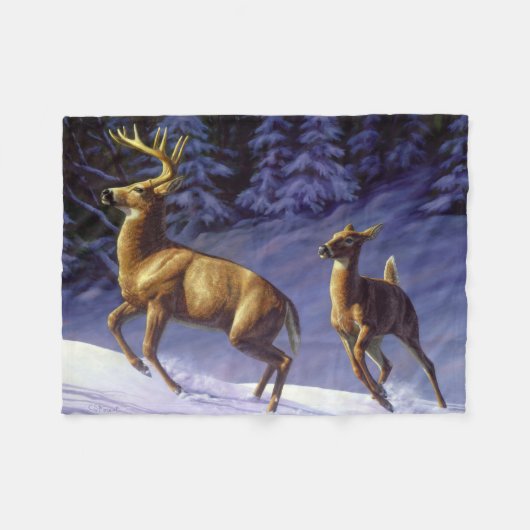Whitetail Deer Buck & Doe in wintersneeuw Fleece Deken (Voorkant (Horizontaal))