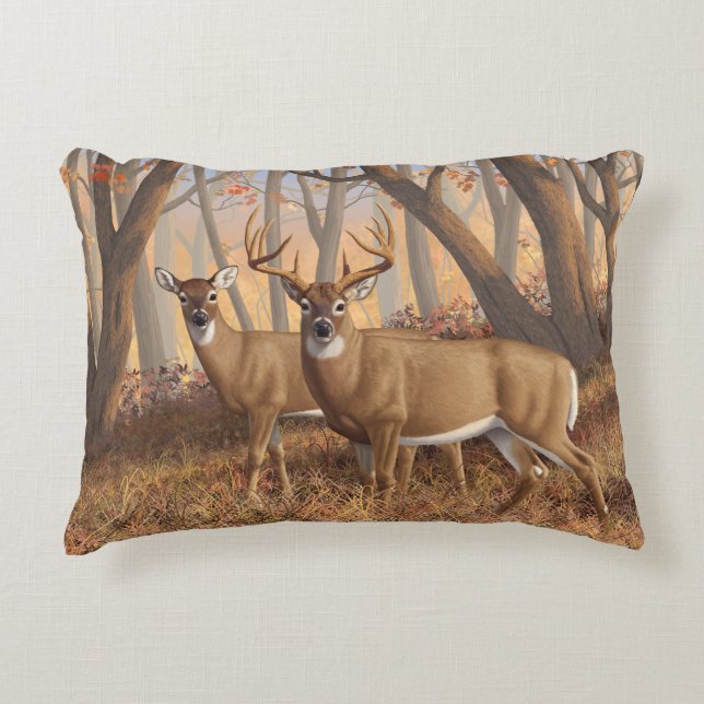 Whitetail Deer Buck & Doe Naherfst Maple Bossen Accent Kussen (Voorkant)
