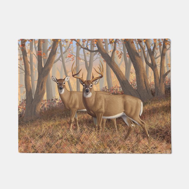 Whitetail Deer Buck & Doe Naherfst Maple Bossen Deurmat (Voorkant)