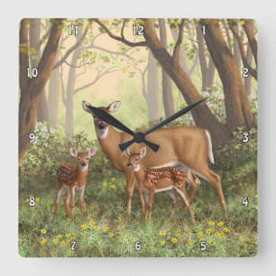 Whitetail Deer en Cute Twin Fawns in het voorjaar Vierkante Klok
