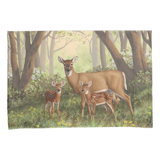 Whitetail Deer en Cute Twin Fawns in Spring Kussensloop (Voorkant-Rechts)