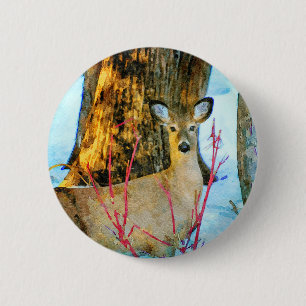 Whitetail Deer in Winter Snow Wildlife Waterverf Ronde Button 5,7 Cm