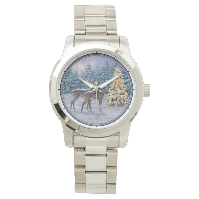 Whitetail Deer & Kerstboom Winter Scene Horloge (Voorkant)