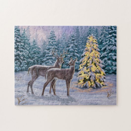 Whitetail Deer & Kerstboom Winter Scene Legpuzzel (Horizontaal)
