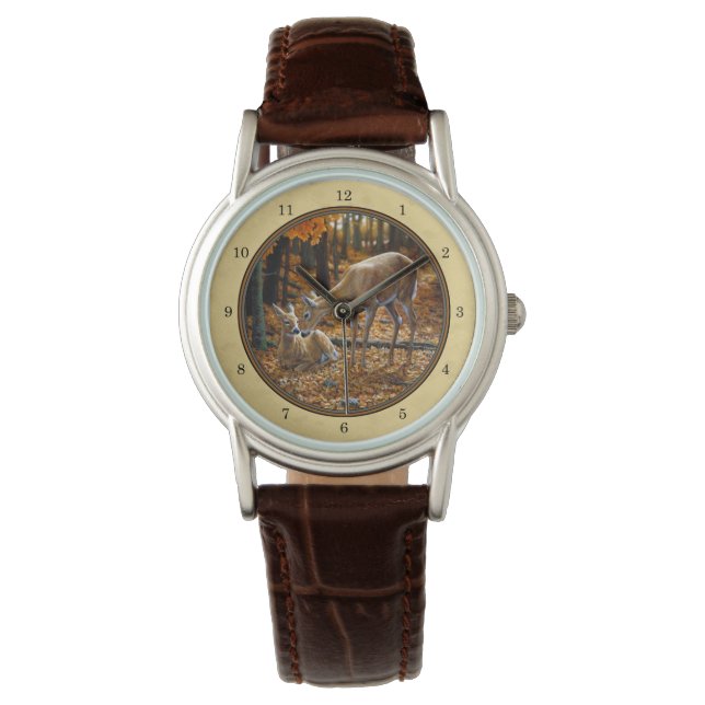 Whitetail Herten Fawn & Doe Geel Horloge (Voorkant)