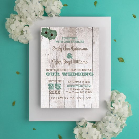 Whitewash Blauwgroen rustieke bruiloft uitnodiging