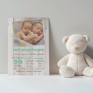 Whitewash Green Twins Fotogeboorteaankondiging Aankondigingskaart