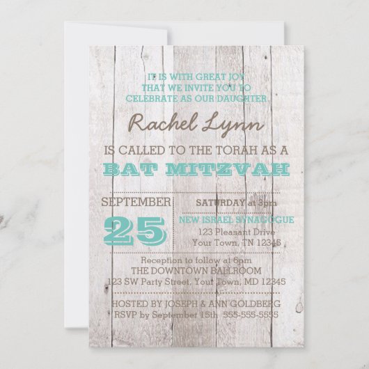 Whitewash Invitation Bat mitzvah Turquoise (Devant)