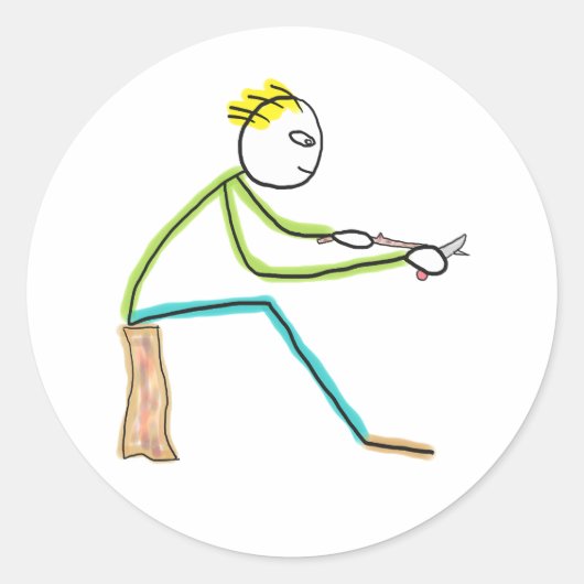 Whittling Stickman Ronde Sticker (Voorkant)