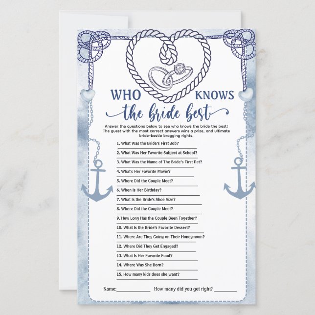 Who Knows the Bride Best Game Nautical Wedding (Voorkant)