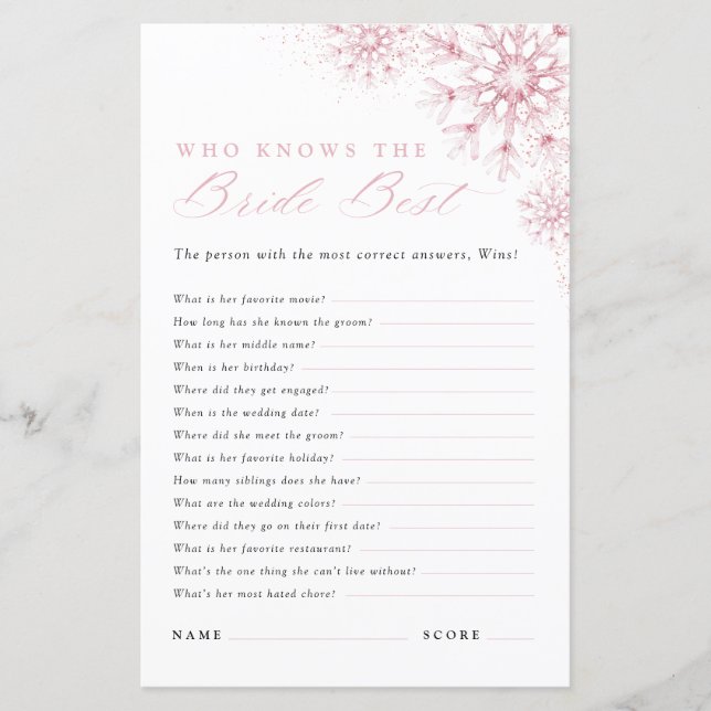 Who Knows the Bride Best Pink Snow in Love Game (Voorkant)