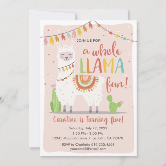 Whole Llama Fun Birthday Invitation Cactus Kaart (Voorkant)