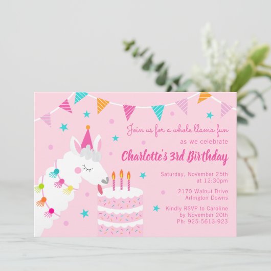 Whole Llama Fun Cake 3rd Birthday roze Kaart (Staand voorkant)