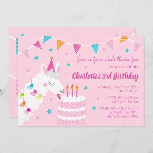 Whole Llama Fun Cake 3rd Birthday roze Kaart (Voorkant / Achterkant)