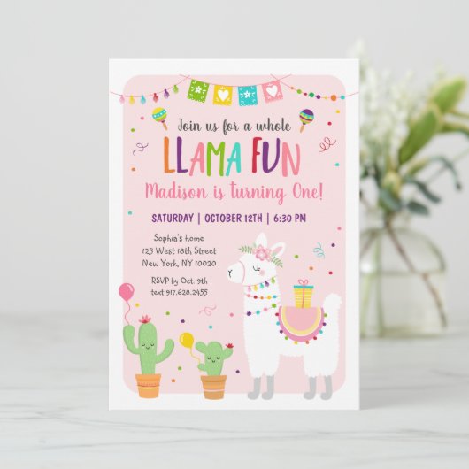 Whole Llama Fun Fiesta Cactus Birthday Invitation Kaart (Staand voorkant)