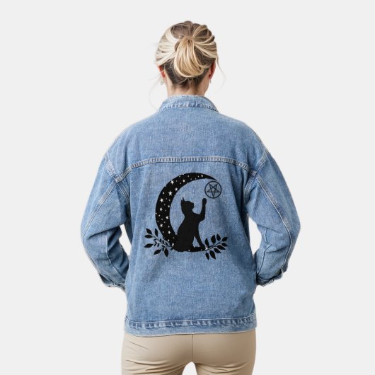 Wicca Black Crescent Moon Cat Pentacle en Sterren Denim Jacket (Model)