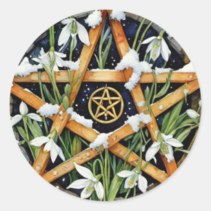 Wiccan Imbolc Candlemas Snowrops Pentacle Ronde Sticker