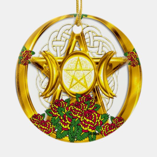 Wiccan Pagan Pentacle Gold met Rozen Keramisch Ornament (Voorkant)