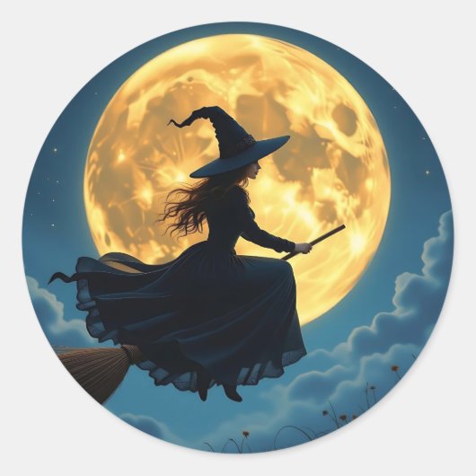 Wicked Halloween | Witch on Broom with Full Moon Ronde Sticker (Voorkant)