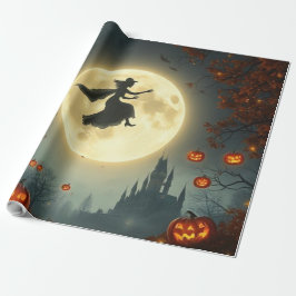 Wicked Mystical Witch Flying Over Full Moon 🌕 Cadeaupapier