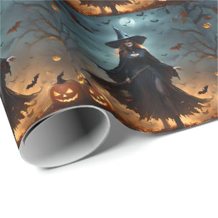 Wicked Night: Enge Halloween-heks en haar vleermui Cadeaupapier