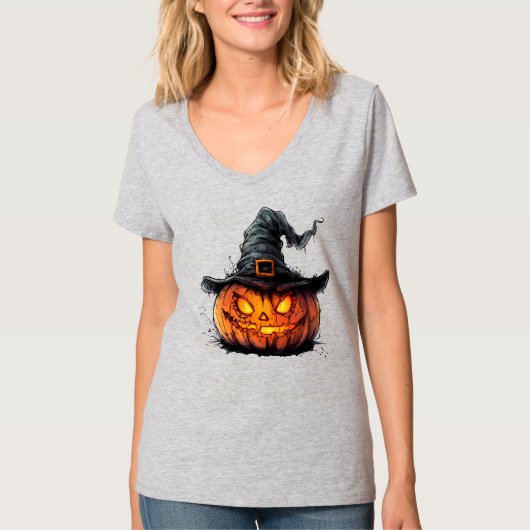 Wicked Pumpkin Witch Hat Halloween T-Shirt (Voorkant)