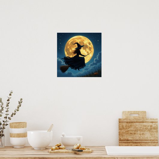 Wicked Witch op een bezem bij volle maan Poster (Keuken)