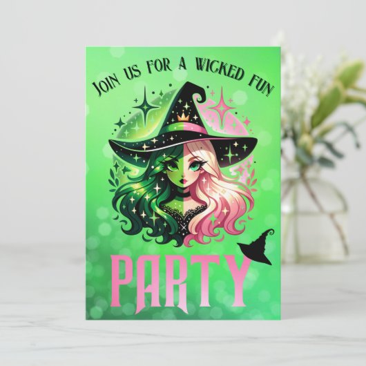 Wickedly Fun Verjaardagsfeest Groen Roze Glinda Aankondiging (Staand voorkant)