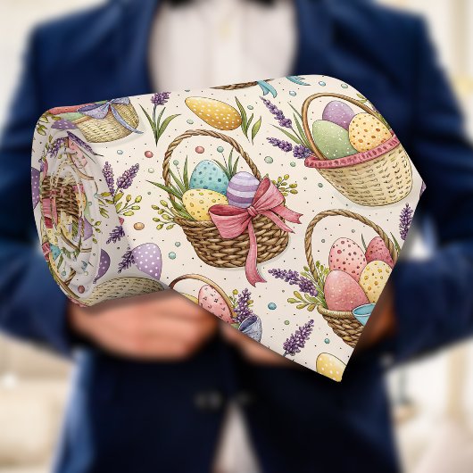 Wicker Basket Easter Eggs with Lavender Stropdas