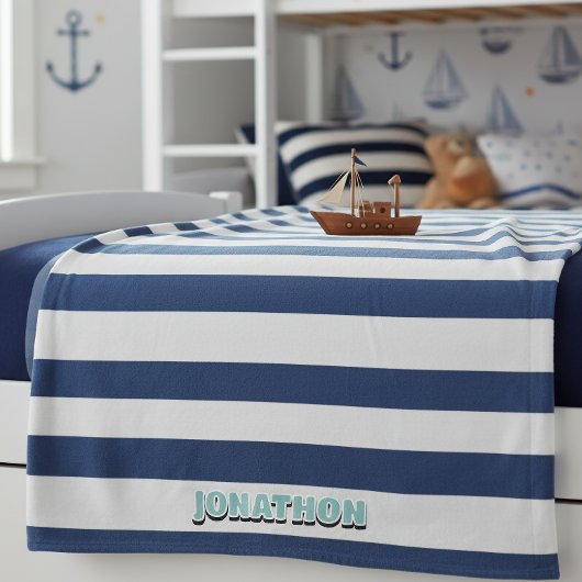 Wide Nautical Striped Weave Navy White ID1248 Fleece Deken