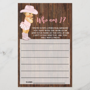 Wie ben ik Cowgirl Pink Baby shower Game Kaart