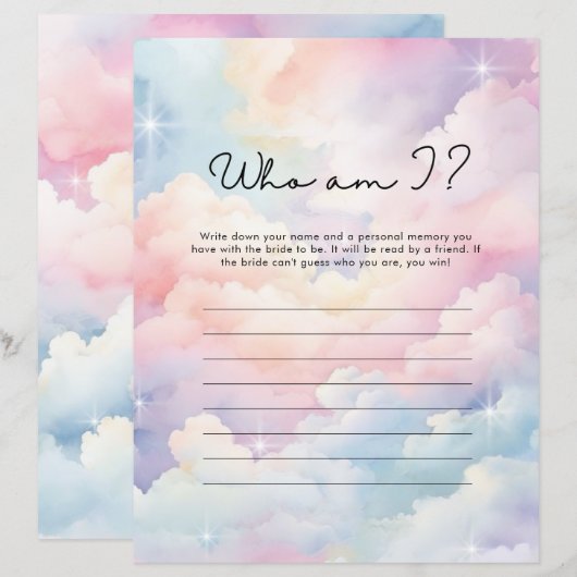 Wie ben ik Pastel Cloud Nine Vrijgezellenfeest spe (Voorkant / Achterkant)