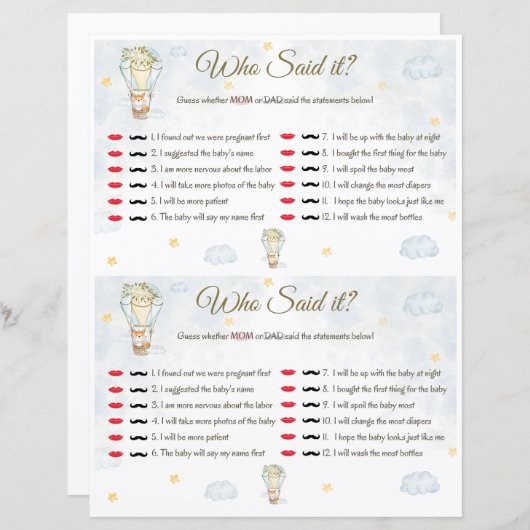 Wie heeft het gezegd? Baby shower game (Voorkant / Achterkant)