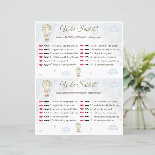 Wie heeft het gezegd? Baby shower game (Staand voorkant)
