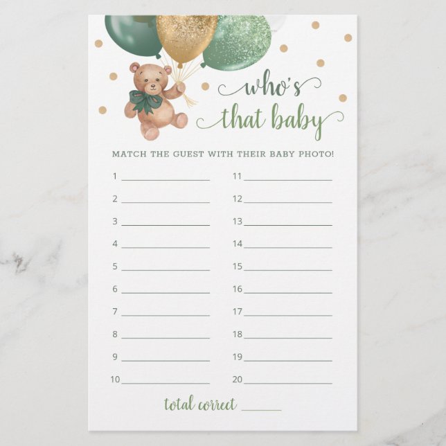 Wie is dat Baby Foto Game Baby shower Teddy Bear? (Voorkant)