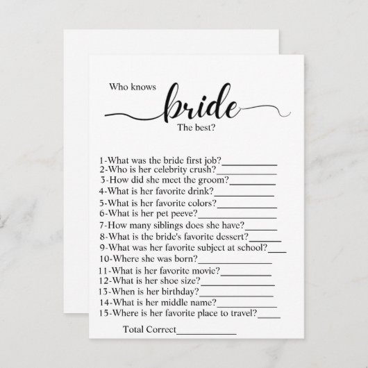 Wie kent de bruid het best bruidsfeest spel briefkaart (Voorkant / Achterkant)