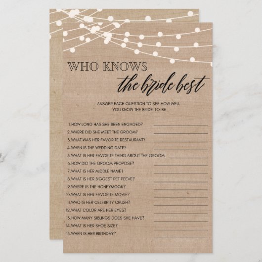 Wie kent de bruid het beste bruidsshowerspel (Voorkant / Achterkant)