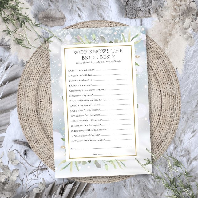 Wie kent de bruid het beste Winter Bruiloft spel (Who Knows The Bride Best Winter Bridal Shower Game)